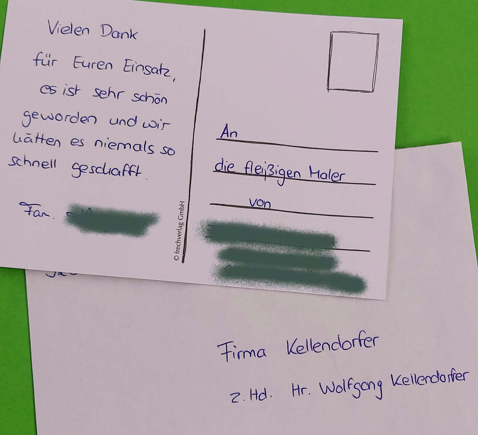 Zufriedener Kunde aus Hilpoltstein schreibt positive Rezension und Dankeskarte an unsere Maler.