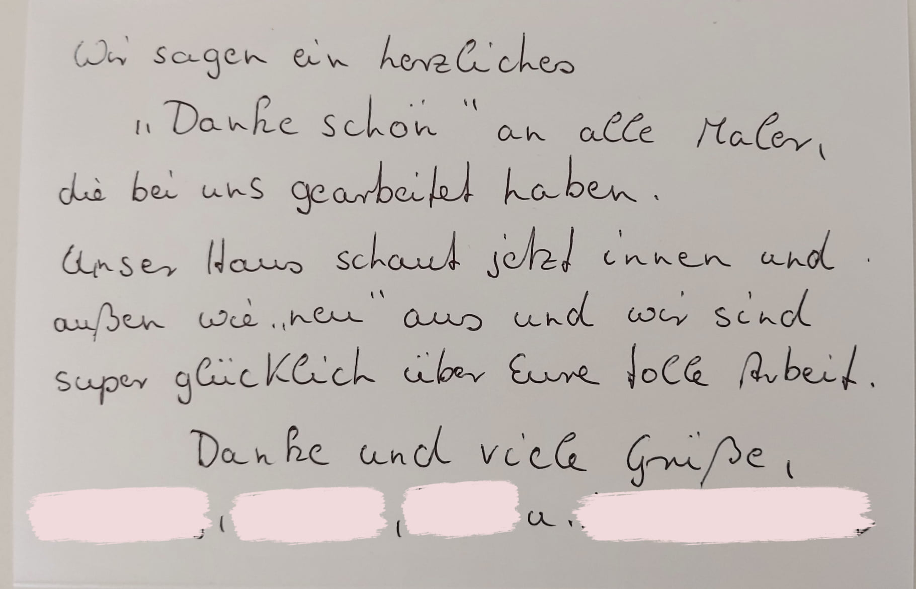 Dankeskarte eines sehr zufriedenen Kunden nach der Renovierung der Innenräume mit einem neuen Anstrich durch unsere Maler